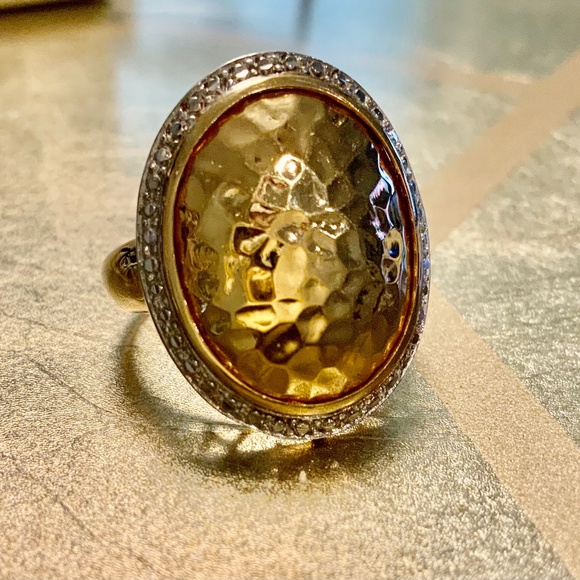 14KT Oval Hammered Gold, Diamond Halo Ring Size 7 Total 5 Grams - Picture 1 of 16